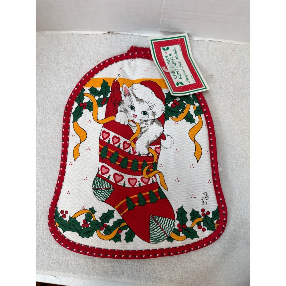 NWT‎ VTG Cecil Saydah Co Christmas Bell Shaped Pot Holder Red Kitten Stocking